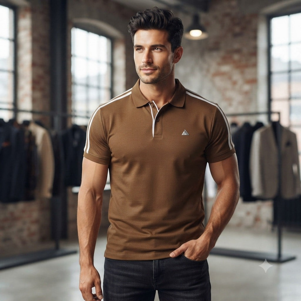City Center M-Line premium brown polo shirt with white shoulder stripes worn by a man in a clothing store