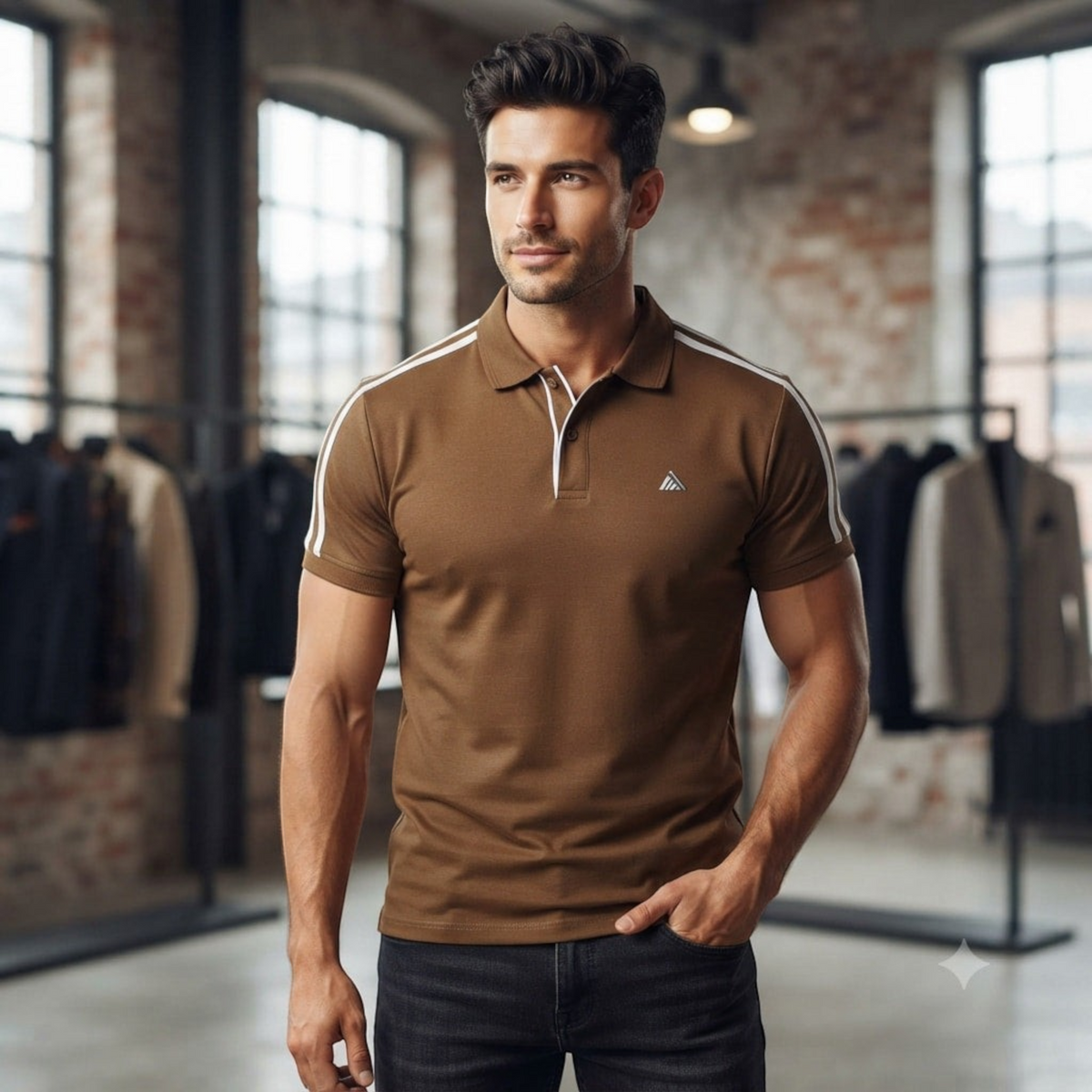 City Center M-Line premium brown polo shirt with white shoulder stripes worn by a man in a clothing store