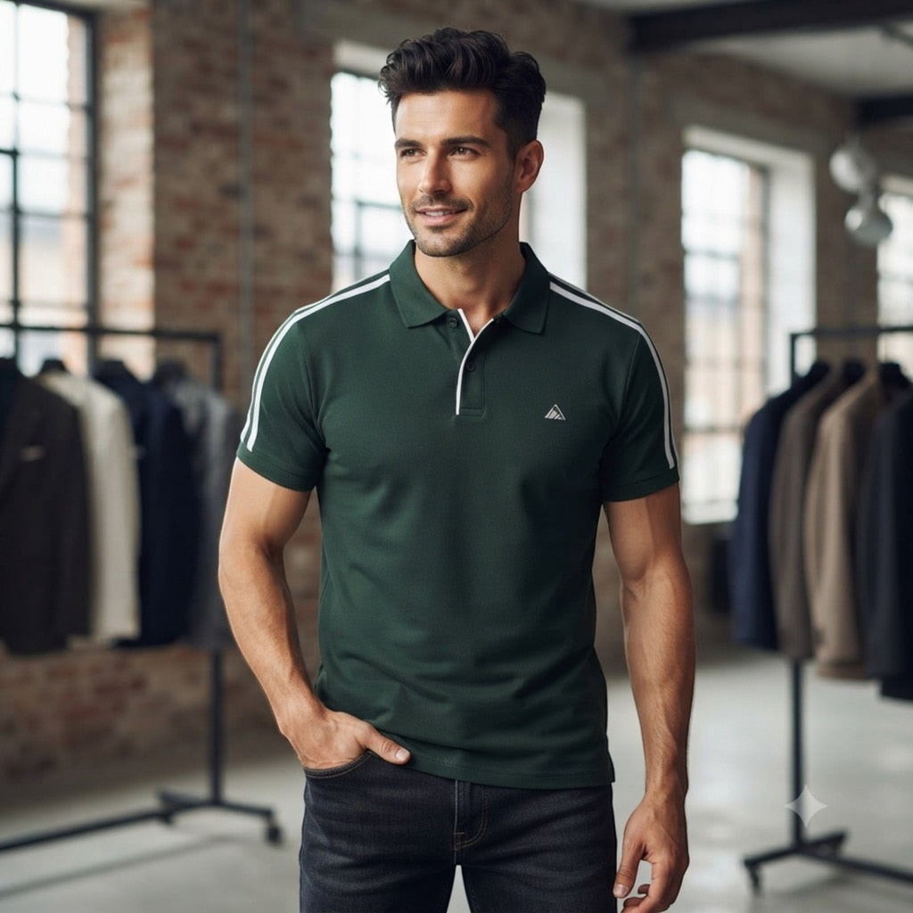 City Center M-Line premium dark green polo shirt with white shoulder stripes worn by a man in a clothing store