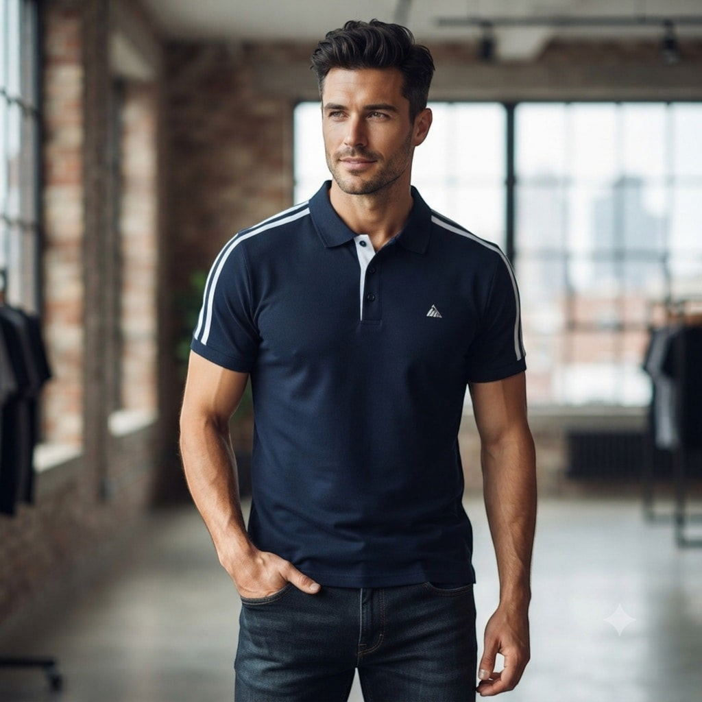 City Center M-Line premium navy polo shirt with white shoulder stripes worn by a man in a loft studio