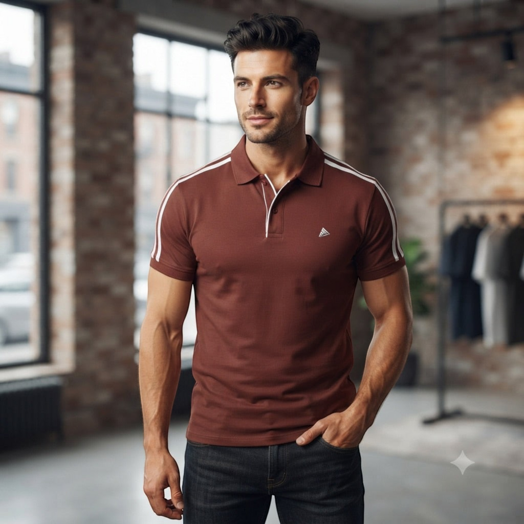 City Center M-Line premium brown polo shirt with white shoulder stripes worn by a man in a loft setting