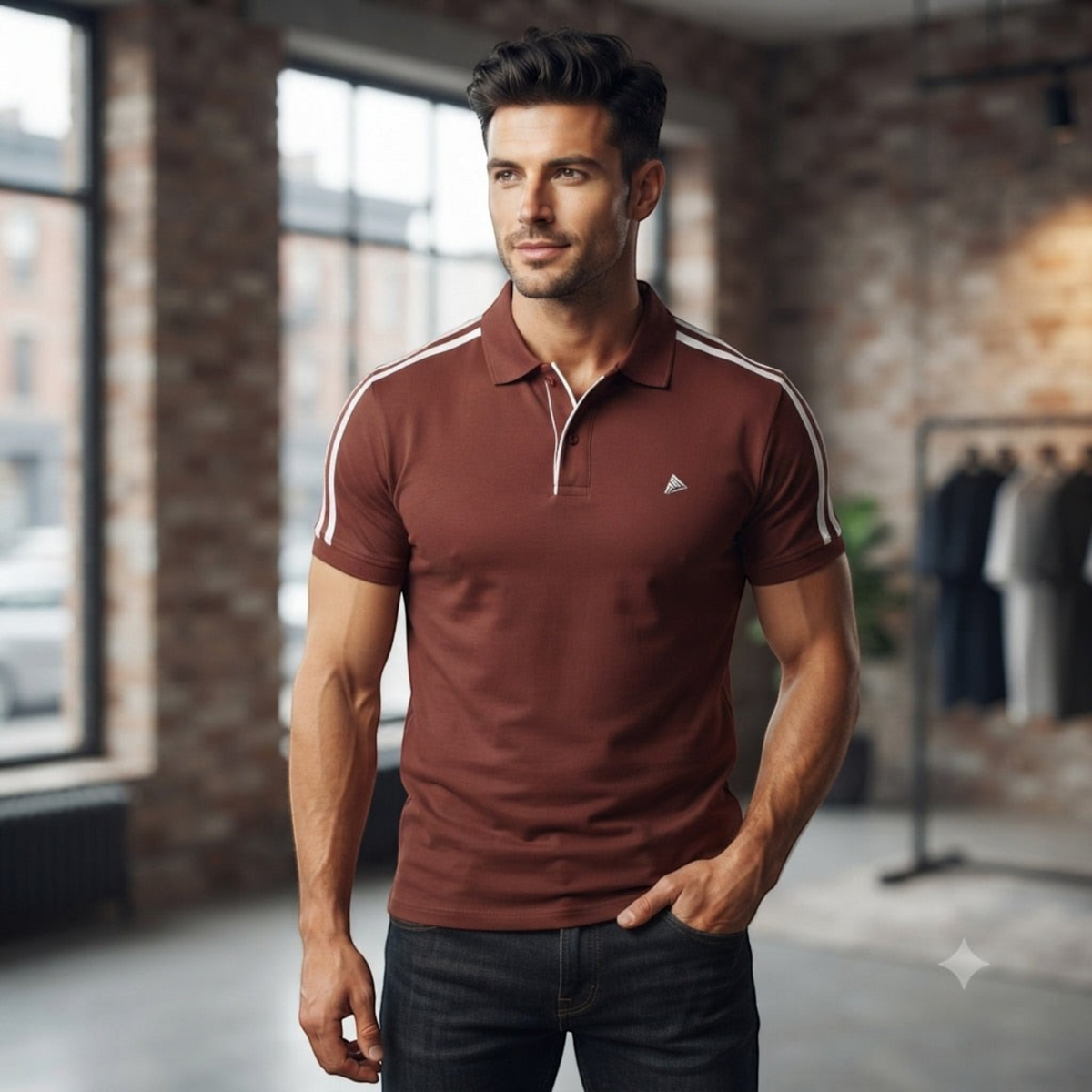 City Center M-Line premium brown polo shirt with white shoulder stripes worn by a man in a loft setting