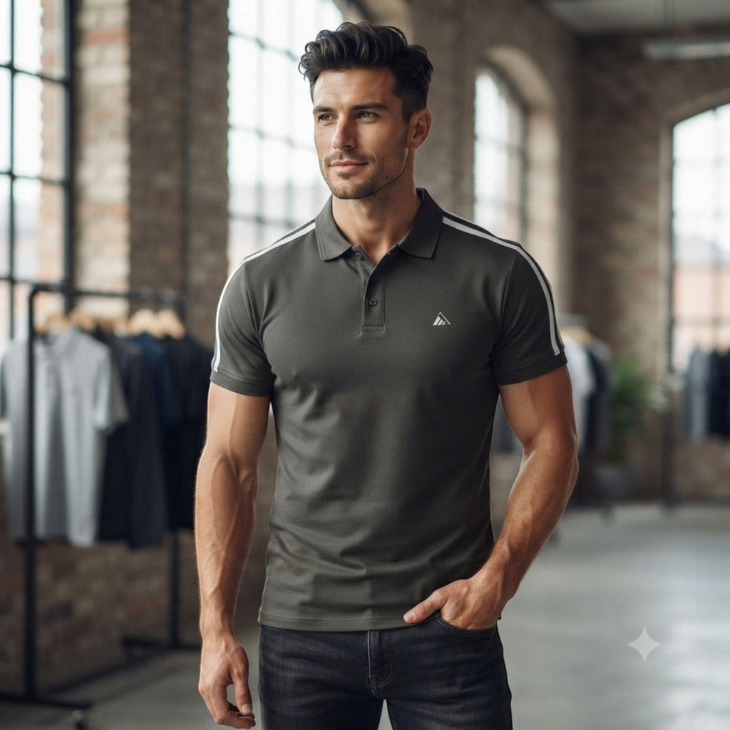 City Center M-Line premium olive green polo shirt with white shoulder stripes worn by a man in a loft studio