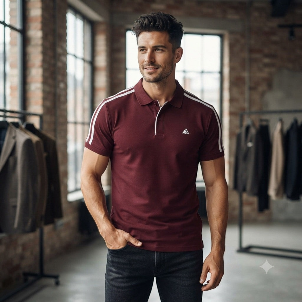 City Center M-Line premium burgundy polo shirt with white shoulder stripes worn by a man in a loft studio