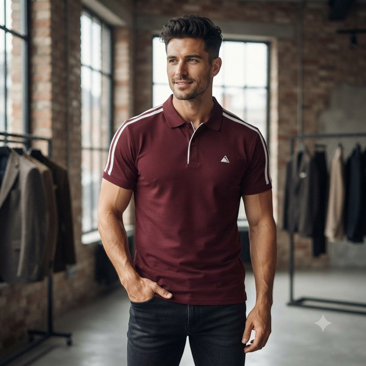City Center M-Line premium burgundy polo shirt with white shoulder stripes worn by a man in a loft studio