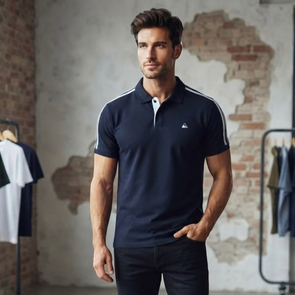 City Center M-Line premium navy blue polo shirt with white shoulder stripes worn by a man in a rustic studio setting.