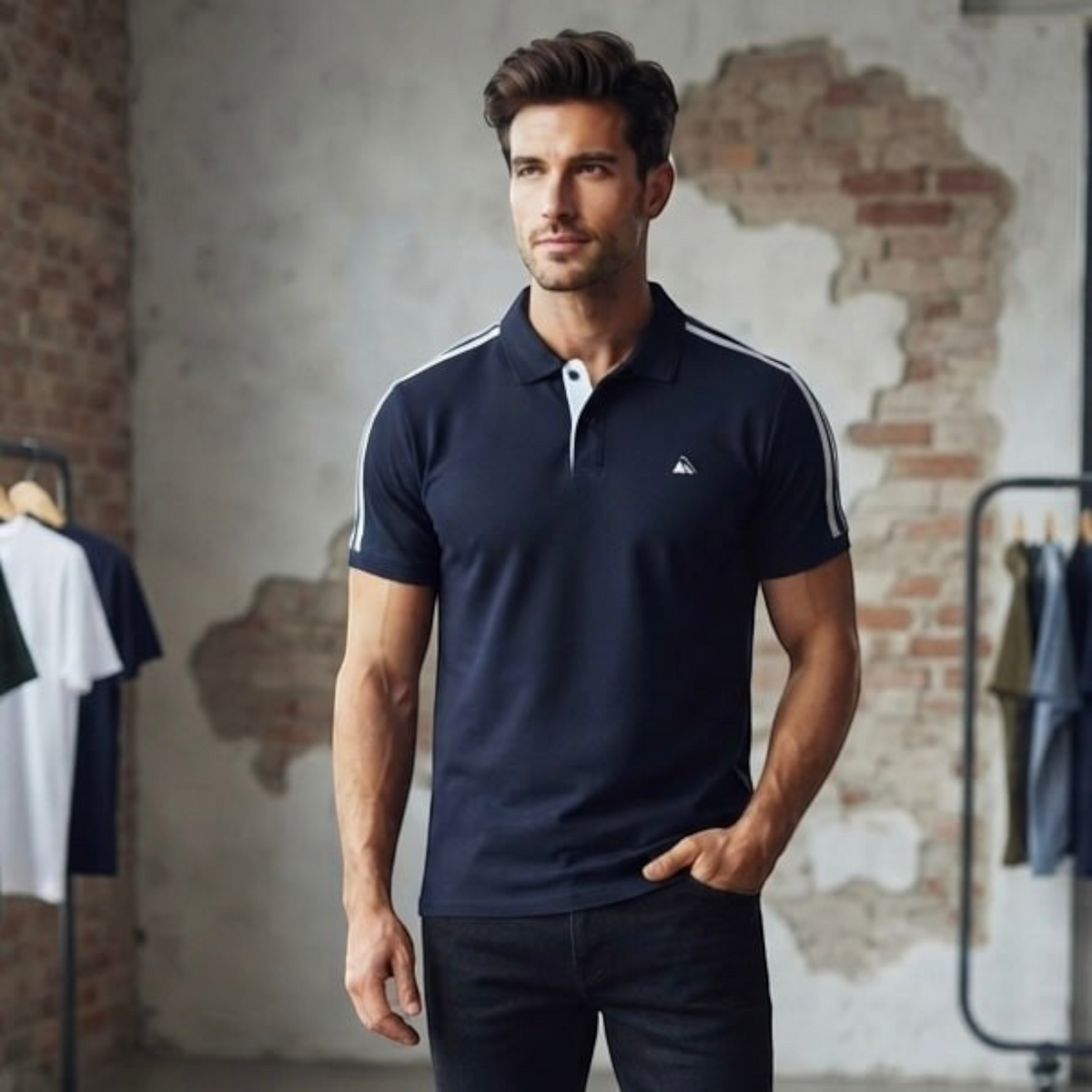 City Center M-Line premium navy blue polo shirt with white shoulder stripes worn by a man in a rustic studio setting.
