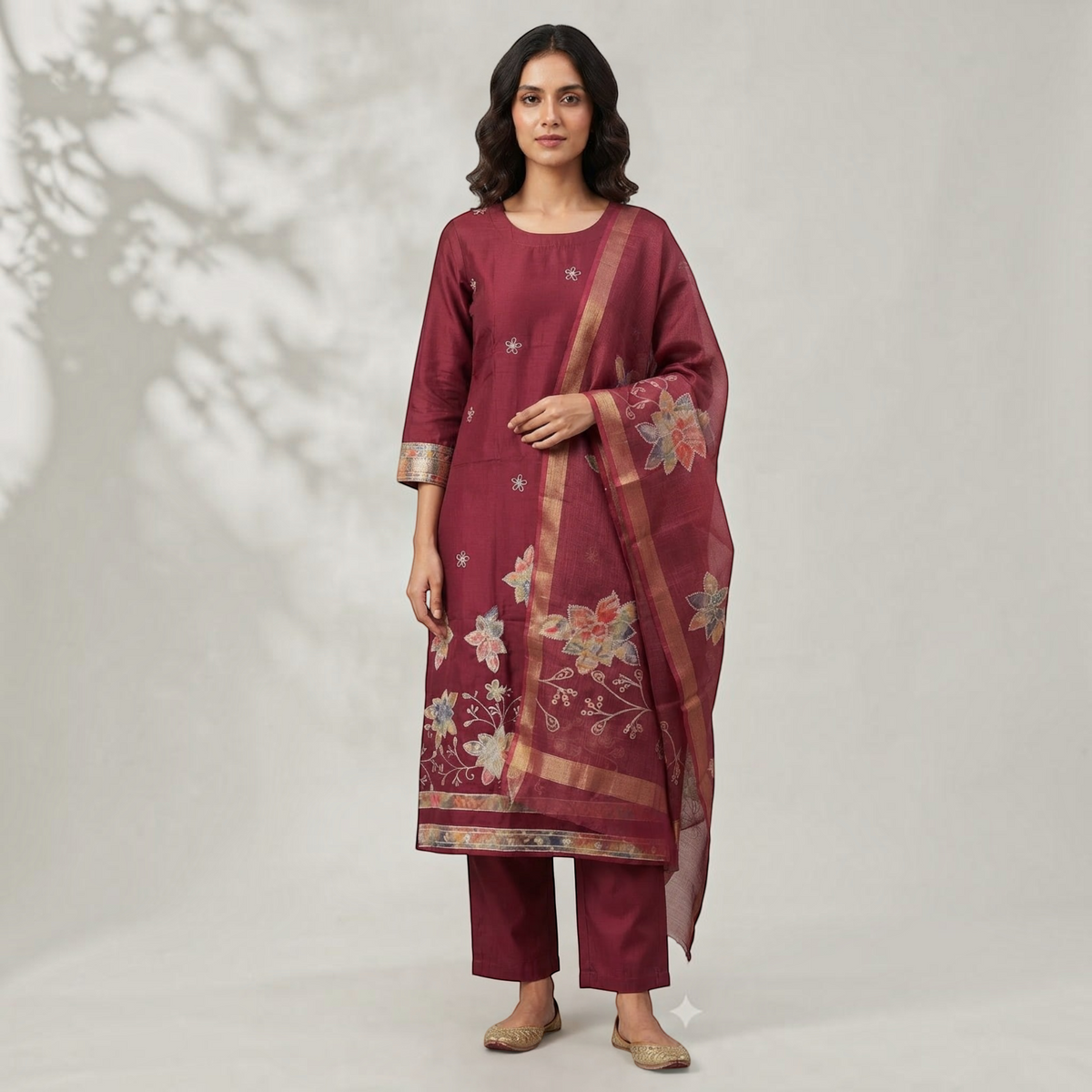 City Center 3-piece maroon churidar set with floral embroidery and a matching dupatta worn by a model