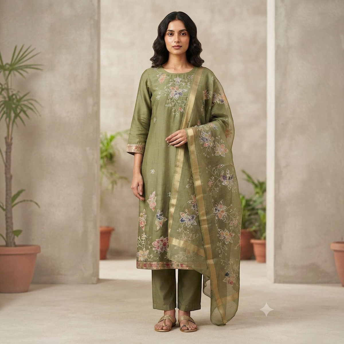 City Center olive green 3-piece churidar set with floral embroidery and matching sheer dupatta on a female model