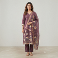 City Center 3-piece plum churidar set with floral embroidery and gold border dupatta on a model