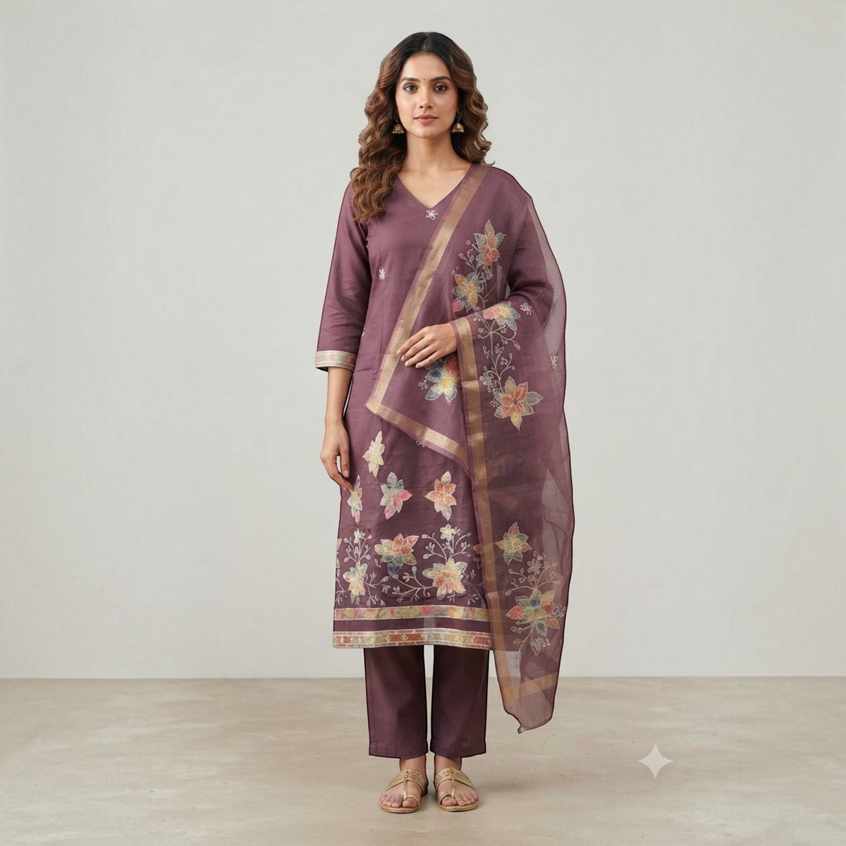 City Center 3-piece plum churidar set with floral embroidery and gold border dupatta on a model