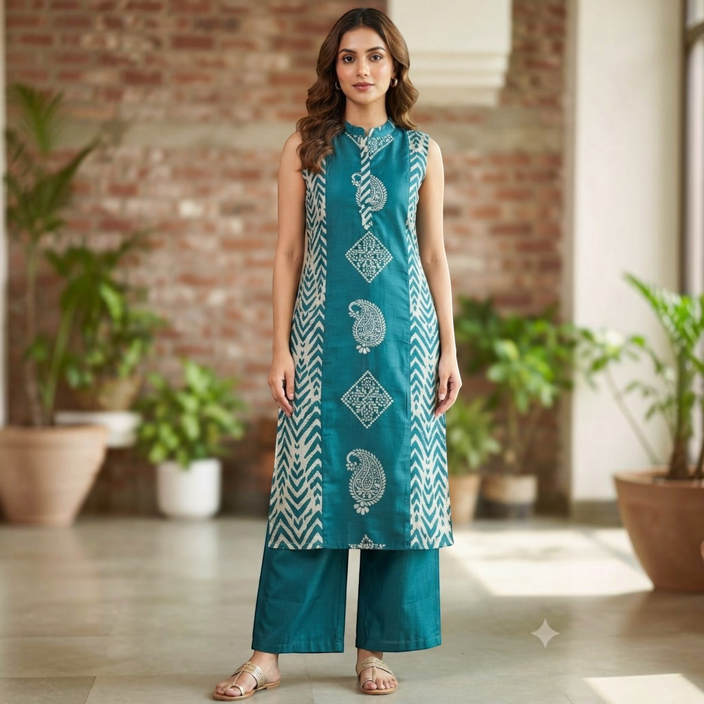 City Center women's blue co-ord set featuring a sleeveless tunic with paisley print and matching wide-leg trousers.