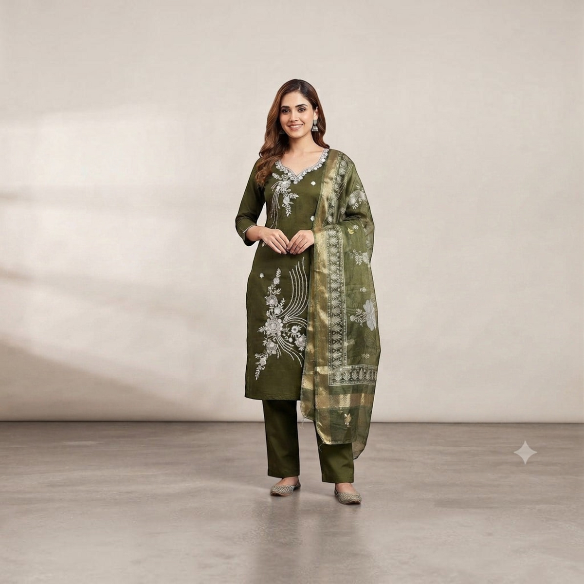 City Center Blue Lady Sigar set featuring an olive green kurta with white floral embroidery and matching dupatta.