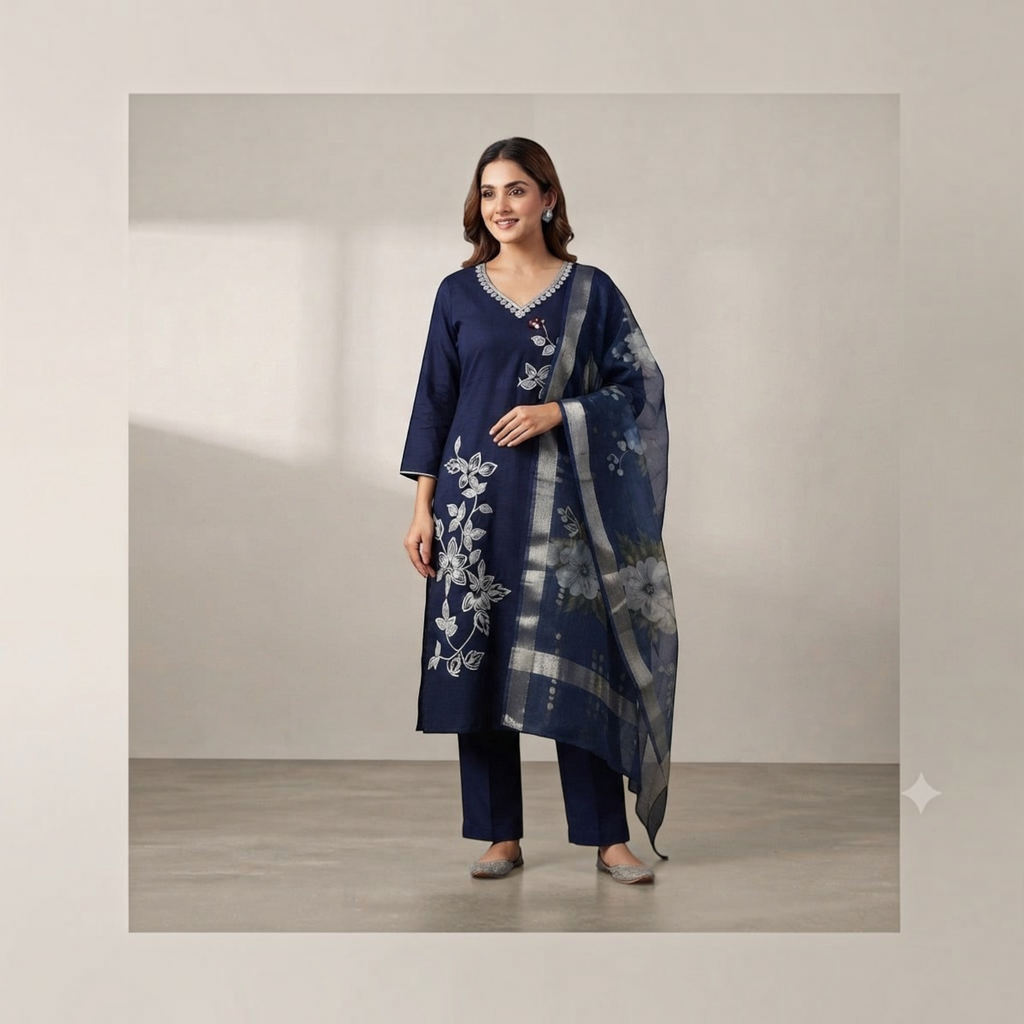 City Center Blue Lady Sigar Set featuring a navy blue kurta with white floral embroidery and a matching sheer dupatta