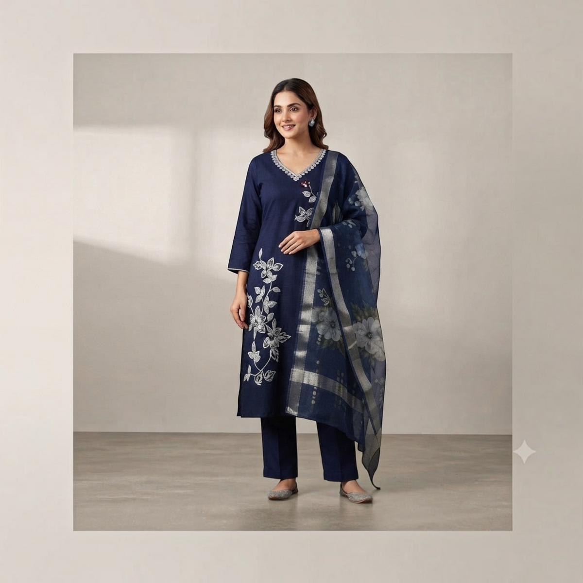 City Center Blue Lady Sigar Set featuring a navy blue kurta with white floral embroidery and a matching sheer dupatta