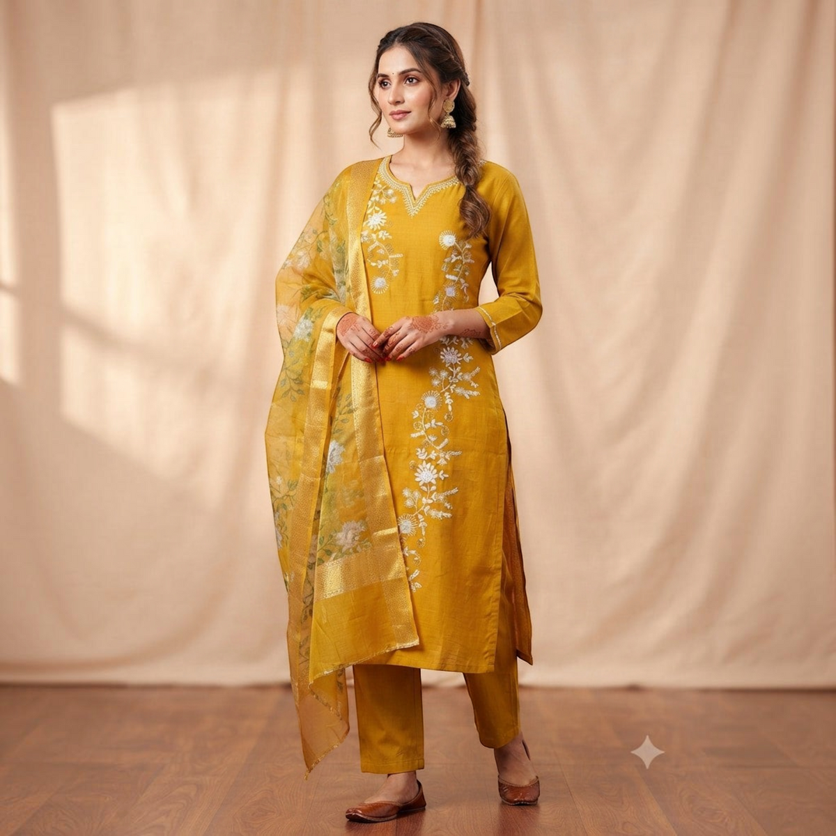 City Center mustard yellow coordinated sigar set with white floral embroidery and matching sheer dupatta on a model