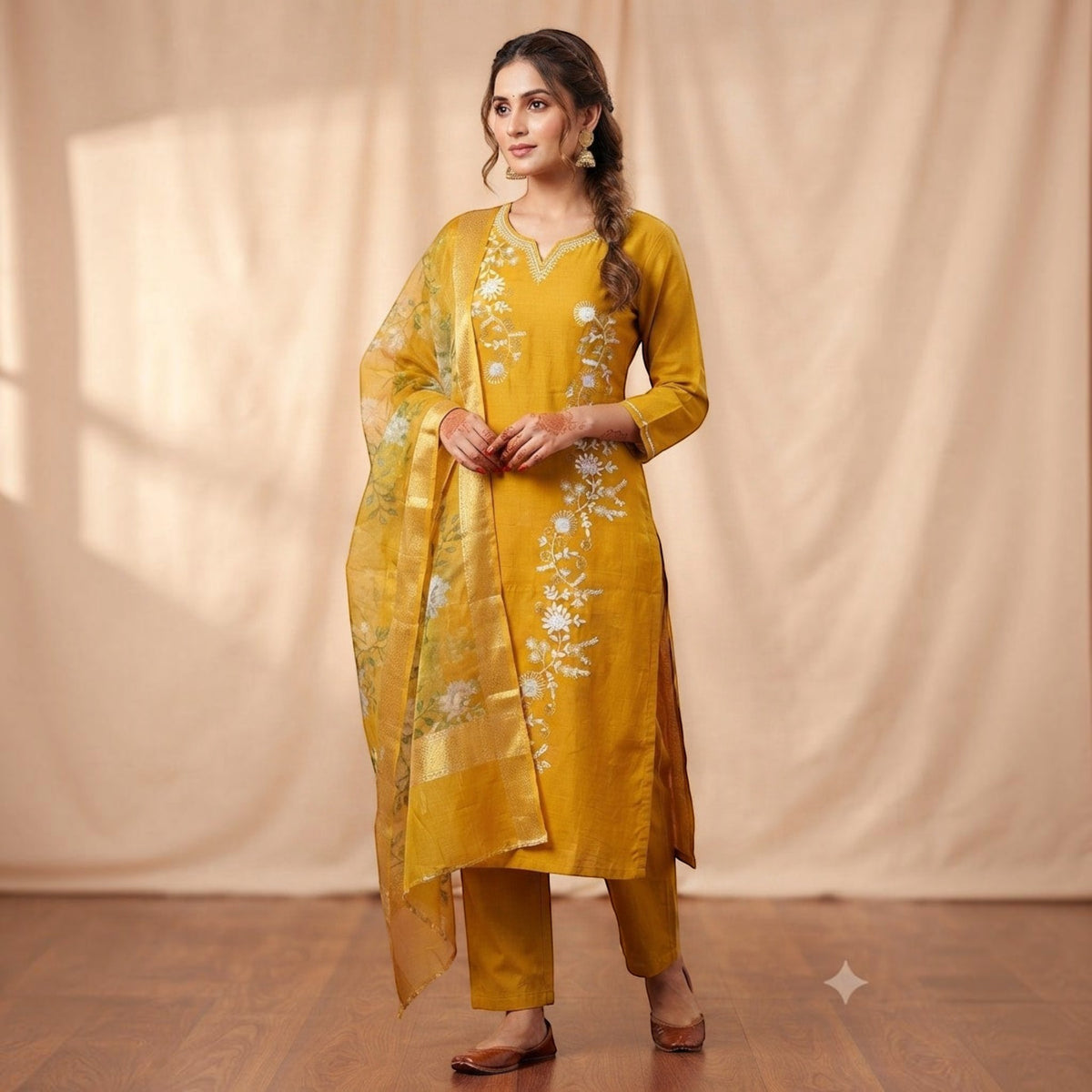 City Center mustard yellow coordinated sigar set with white floral embroidery and matching sheer dupatta on a model