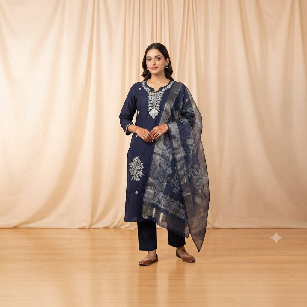 City Center Blue Lady Sigar Set featuring a navy blue kurta with white embroidery and a matching sheer floral dupatta.