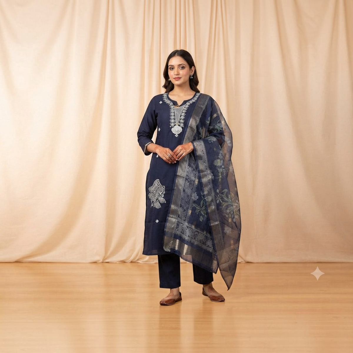 City Center Blue Lady Sigar Set featuring a navy blue kurta with white embroidery and a matching sheer floral dupatta.