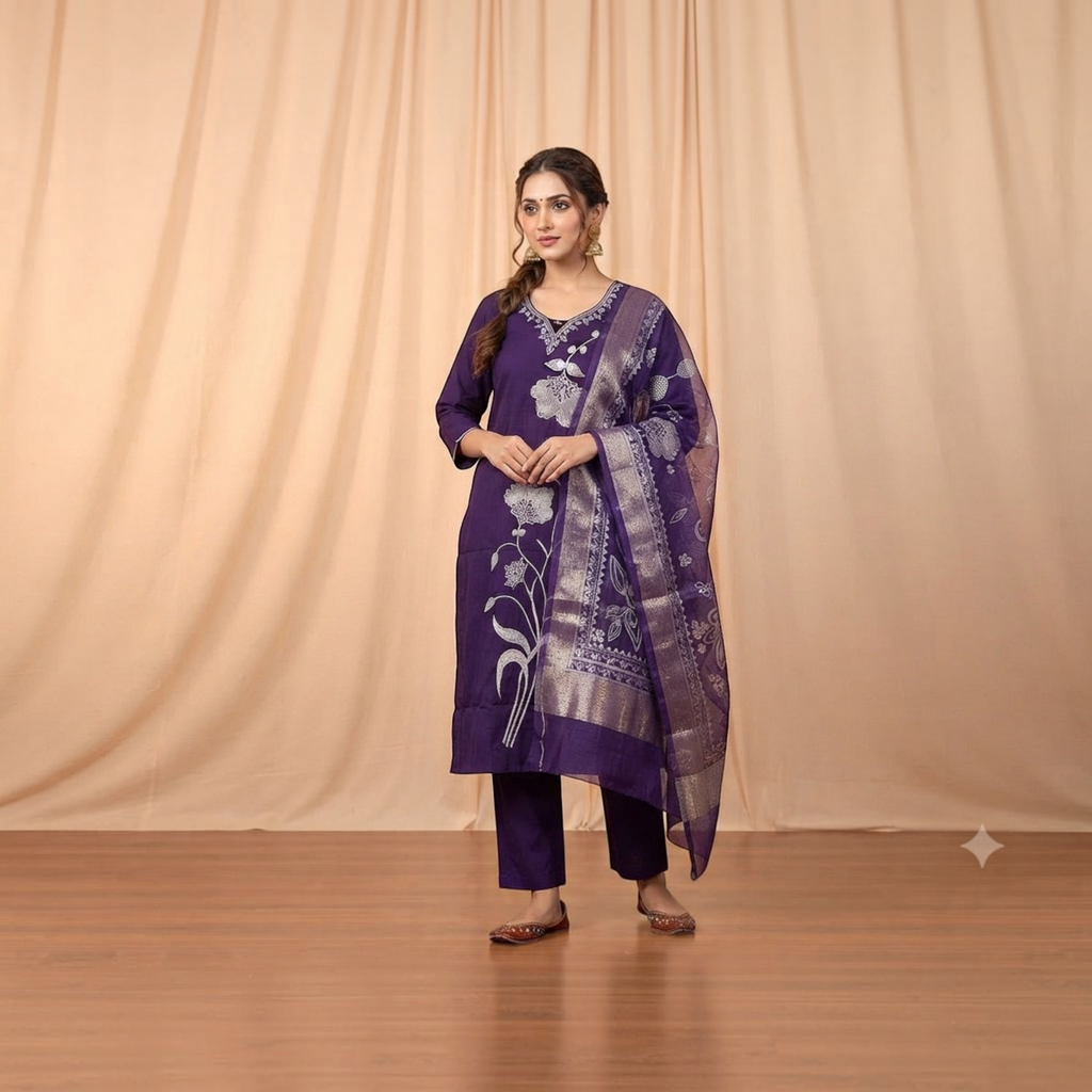 City Center Blue Lady Sigar Set featuring a deep blue kurta with silver floral embroidery and a matching dupatta.