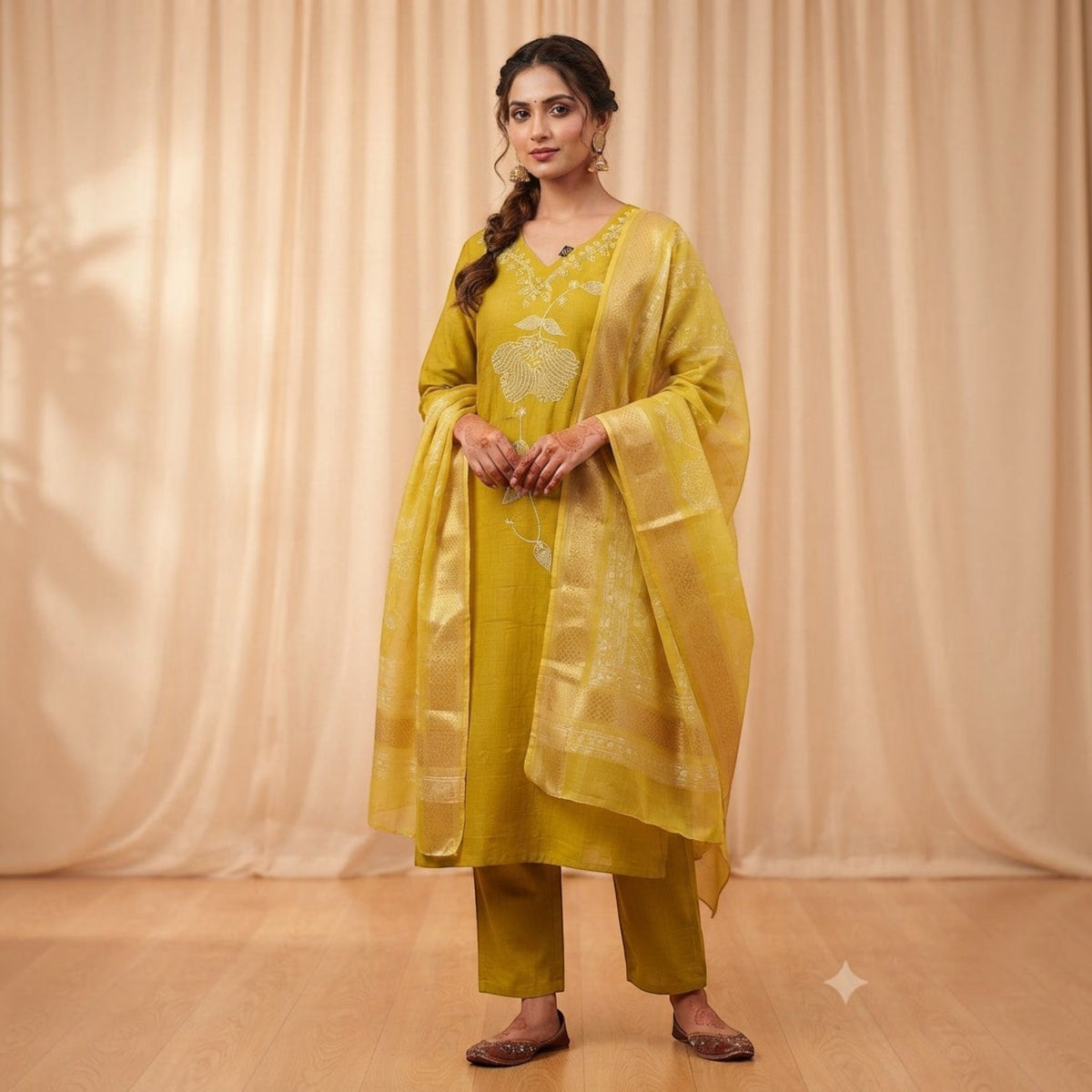 City Center mustard yellow coordinated sigar set with intricate embroidery and matching dupatta on a model