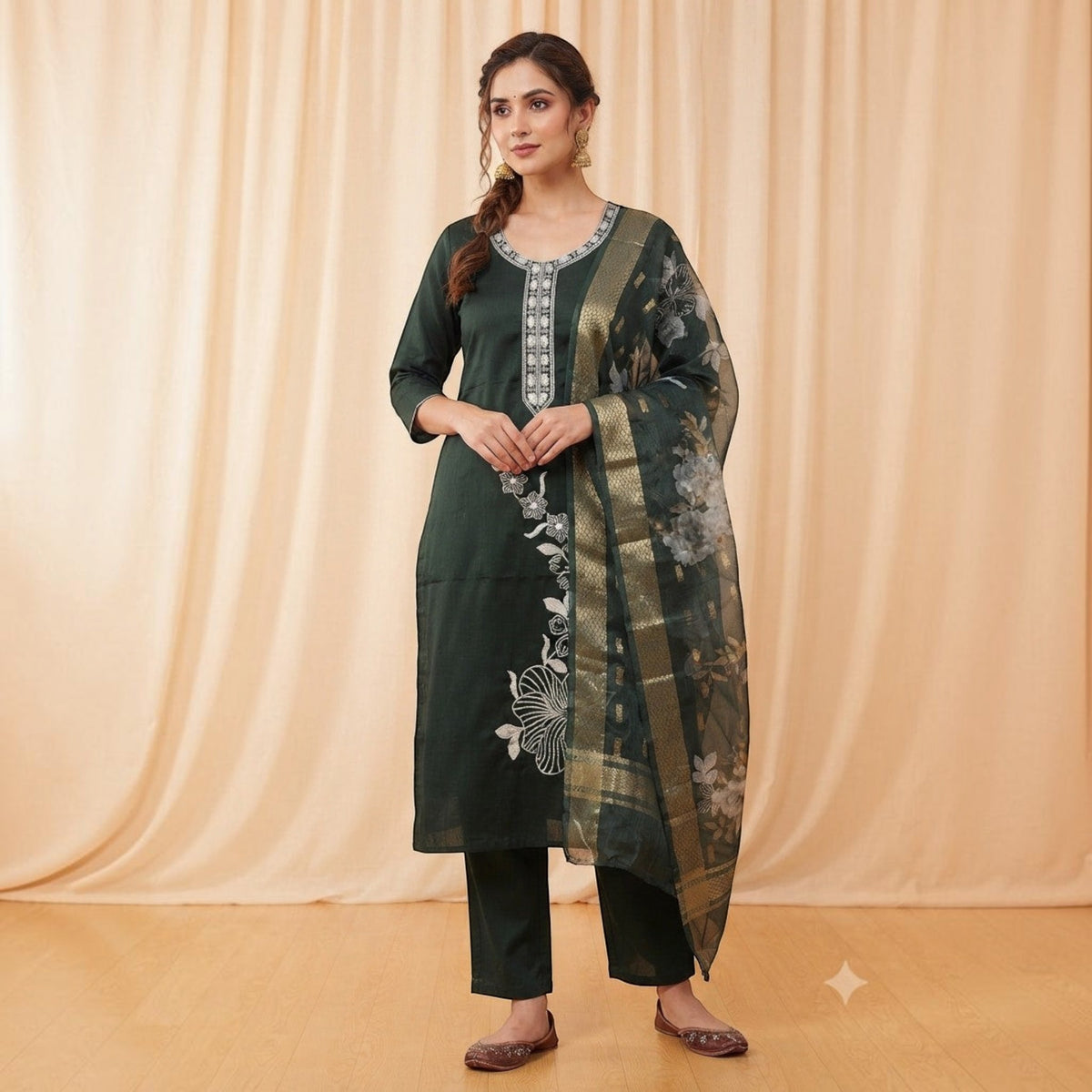 City Center Blue Lady Sigar set featuring a dark blue kurta with white embroidery, matching pants, and a dupatta.