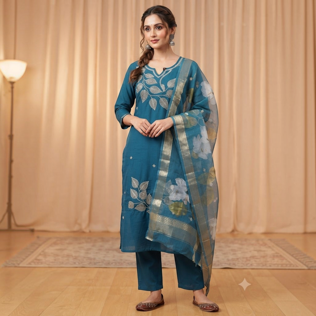 City Center Blue Lady Sigar Set featuring a blue kurta with silver leaf embroidery and a matching floral dupatta