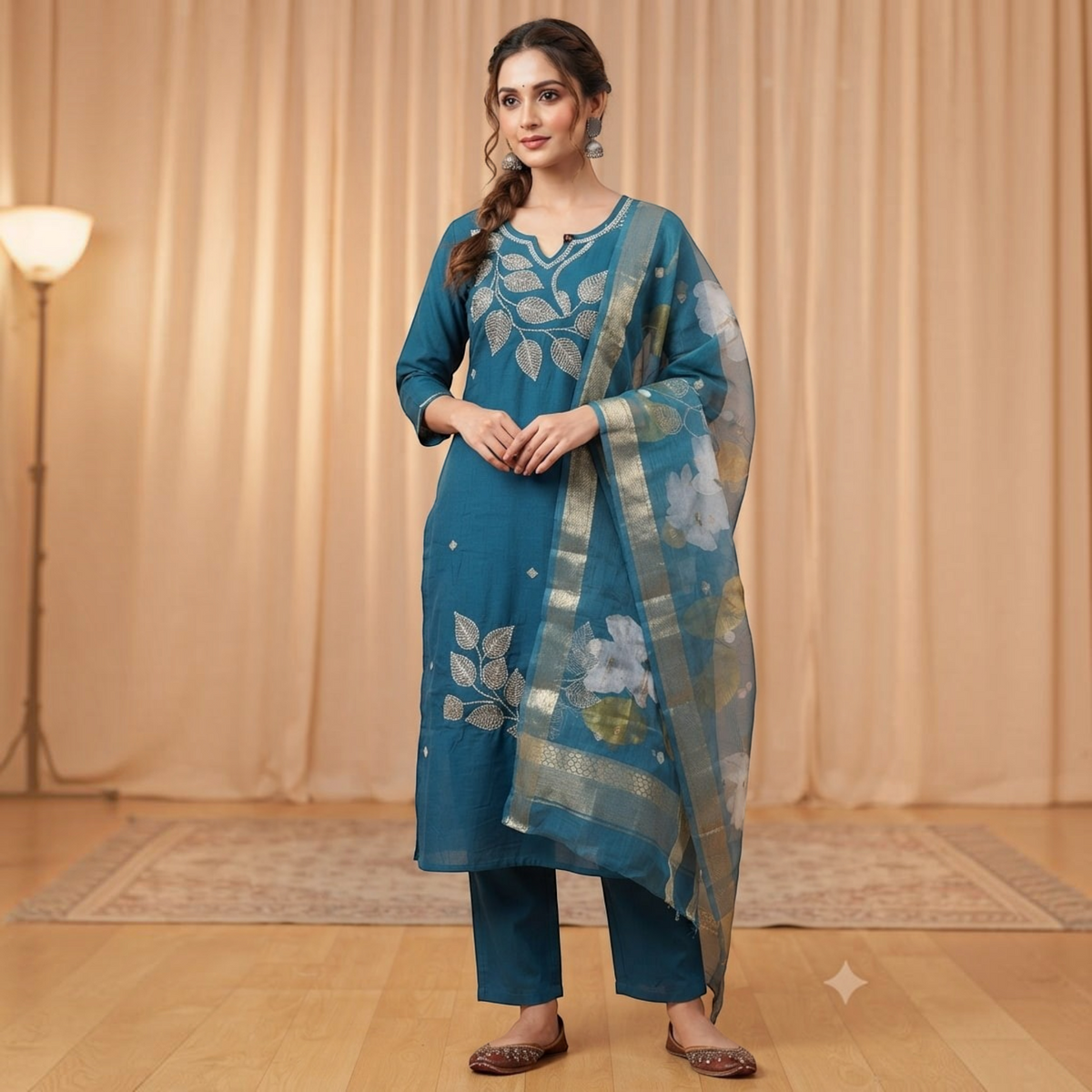 City Center Blue Lady Sigar Set featuring a blue kurta with silver leaf embroidery and a matching floral dupatta