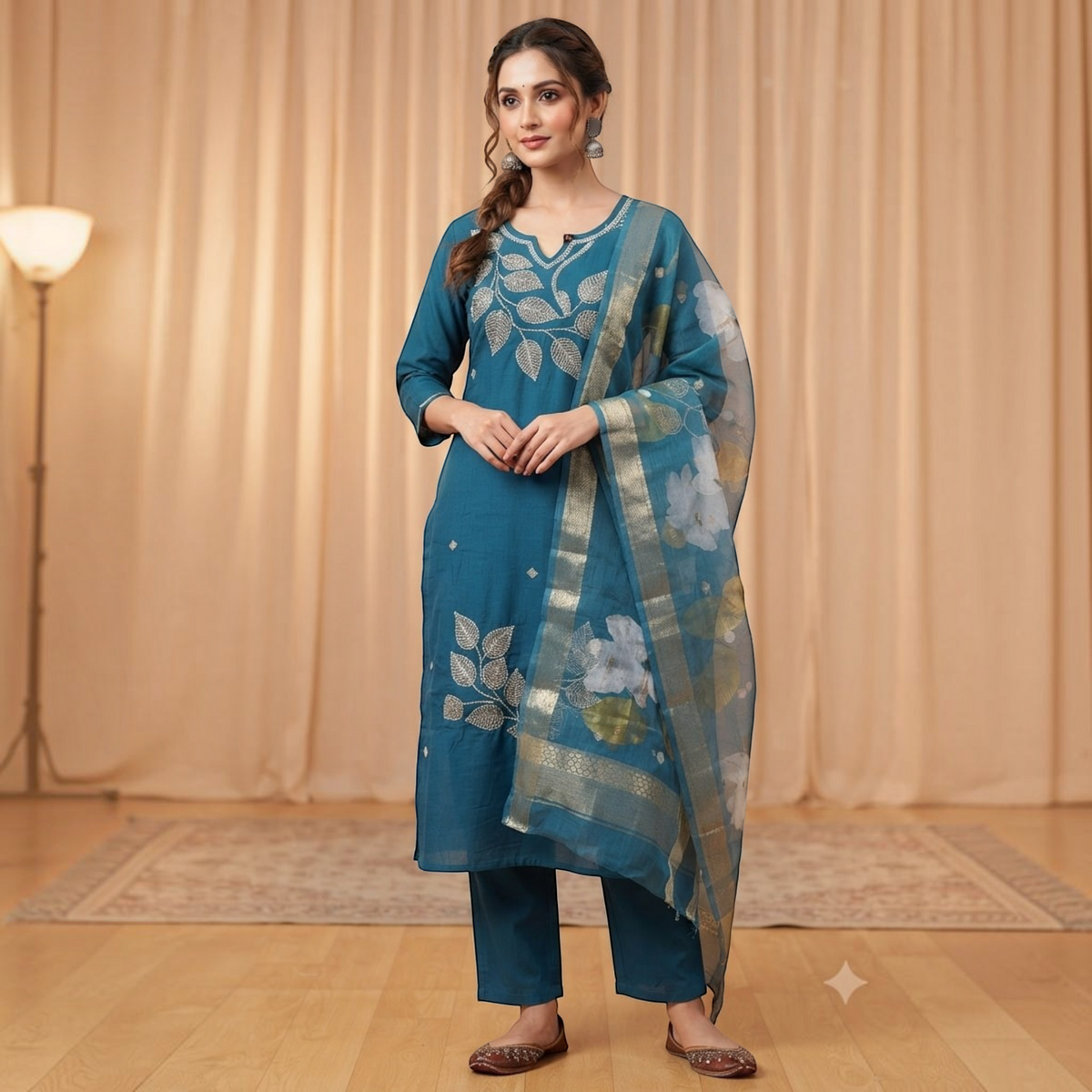 City Center Blue Lady Sigar Set featuring a blue kurta with silver leaf embroidery and a matching floral dupatta