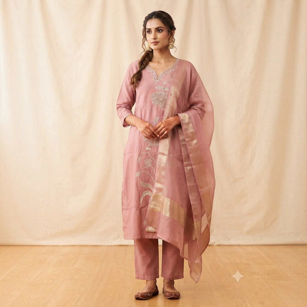 City Center mauve coordinated sigar set with floral embroidery and matching dupatta worn by a woman