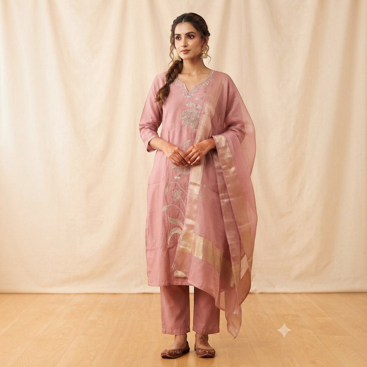 City Center mauve coordinated sigar set with floral embroidery and matching dupatta worn by a woman