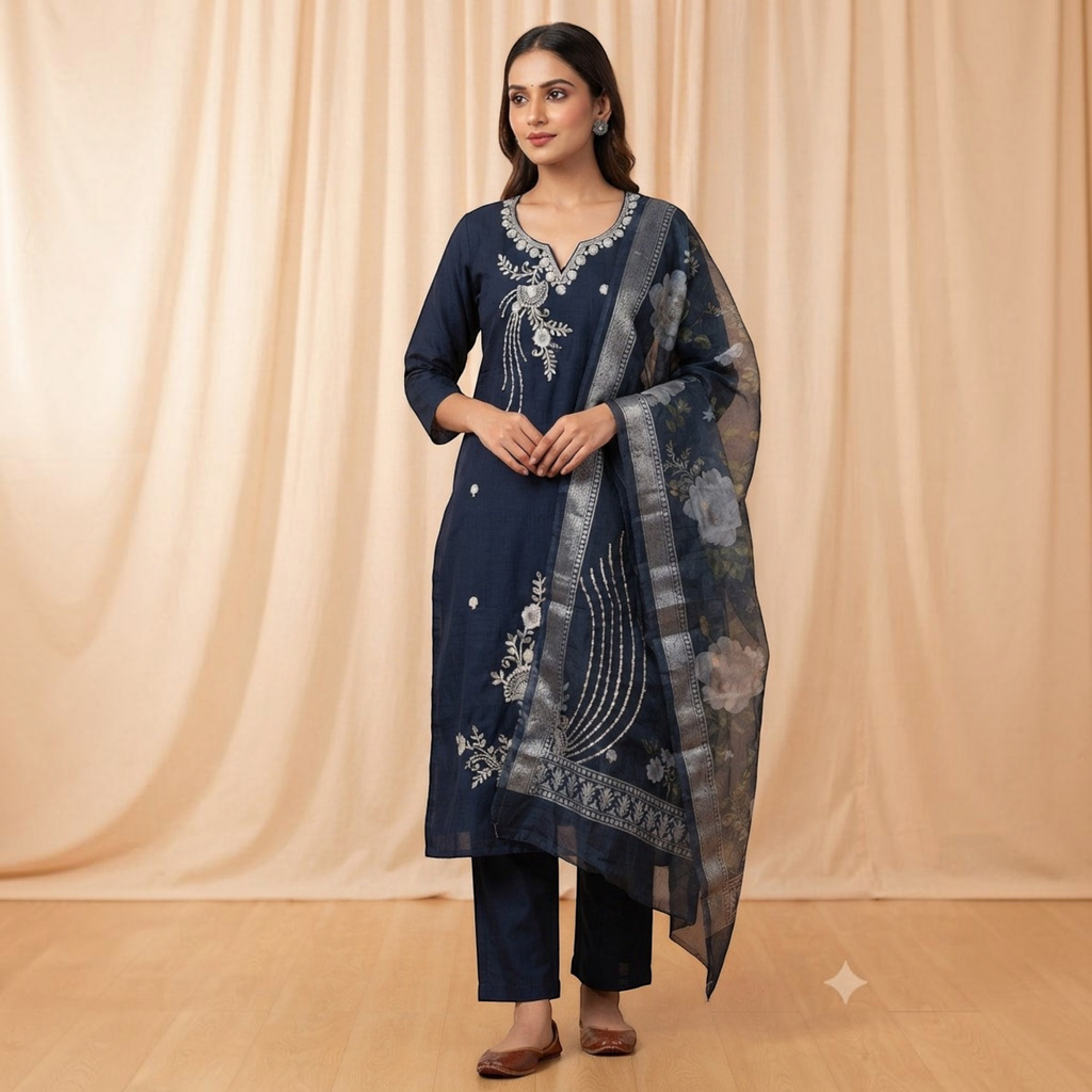 City Center Blue Lady Sigar set featuring a navy blue kurta with white embroidery and a matching floral dupatta.