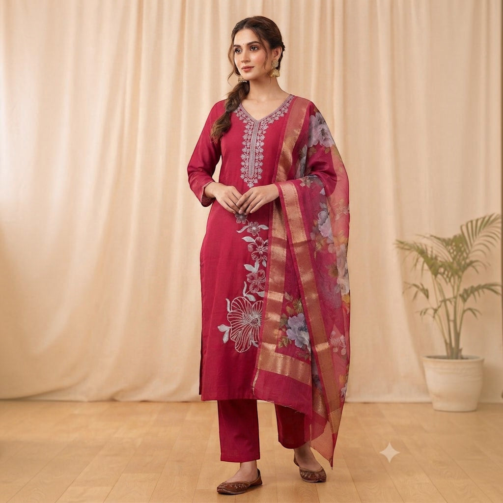 City Center Blue Lady Sigar Set featuring a deep pink kurta with floral embroidery and a matching sheer dupatta.