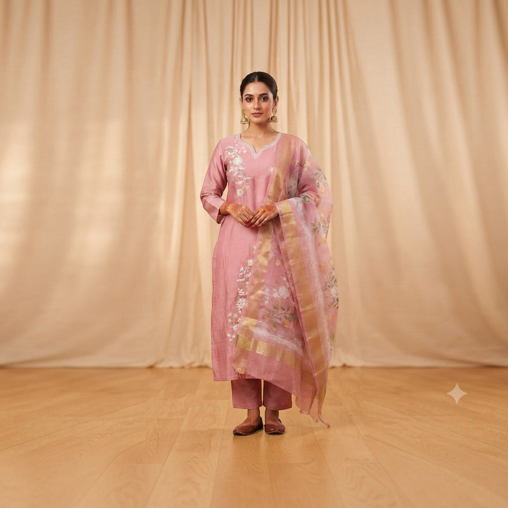 City Center pink coordinated sigar set featuring floral embroidery and a sheer dupatta worn by a model