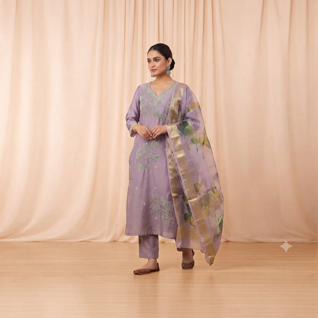 City Center Blue Lady Sigar Set featuring a periwinkle blue kurta with silver leaf embroidery and matching dupatta.