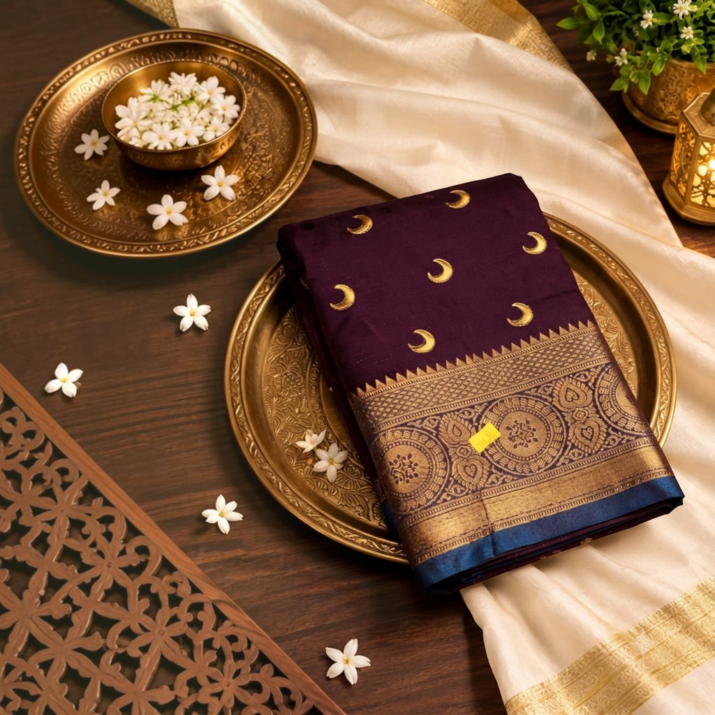 City Center Banarasi silk Chandrakor saree in deep purple with gold moon motifs and intricate zari border