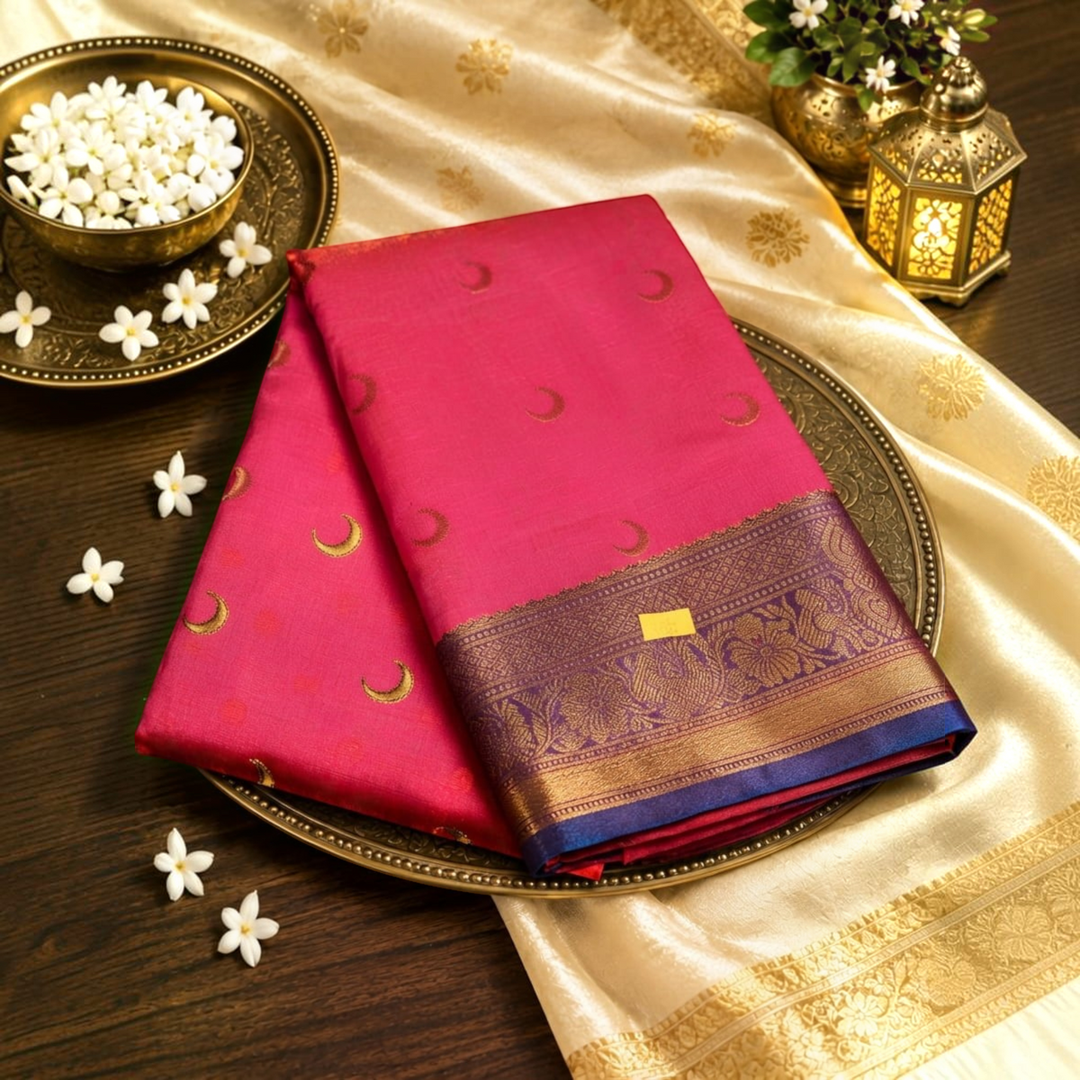 City Center Banarasi silk saree in pink with gold crescent moon motifs and a wide purple and gold zari border