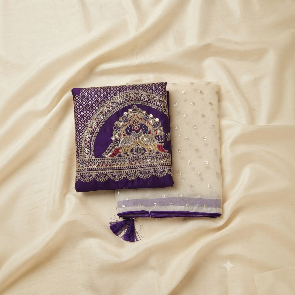 City Center Radha Rani saree featuring a deep purple embroidered peacock motif and sheer cream fabric with sequins.