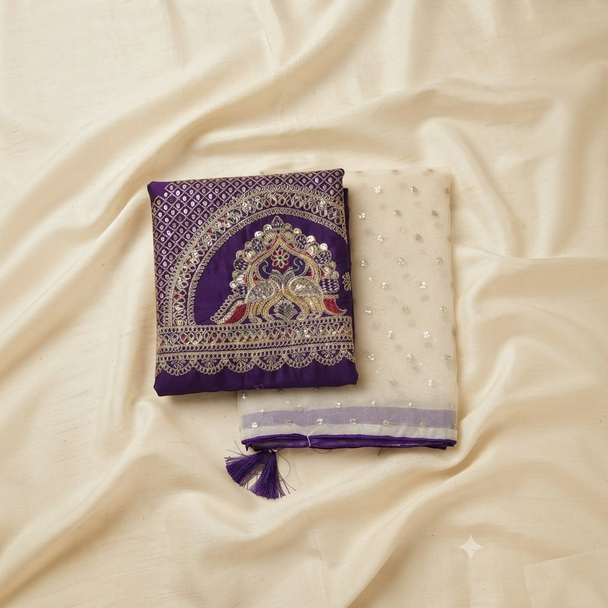 City Center Radha Rani saree featuring a deep purple embroidered peacock motif and sheer cream fabric with sequins.