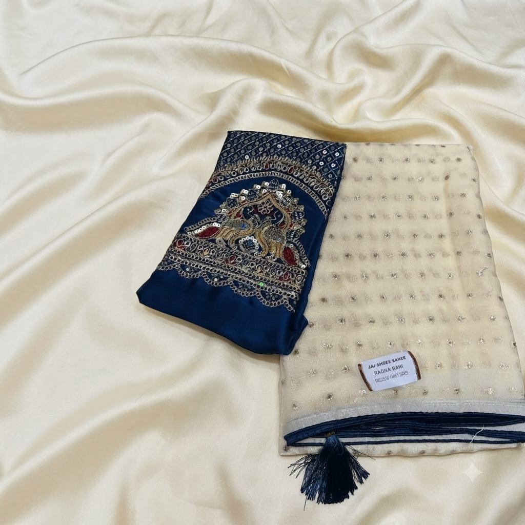 City Center Radha Rani saree in cream with gold accents and a navy blue embroidered blouse piece with peacock motif.