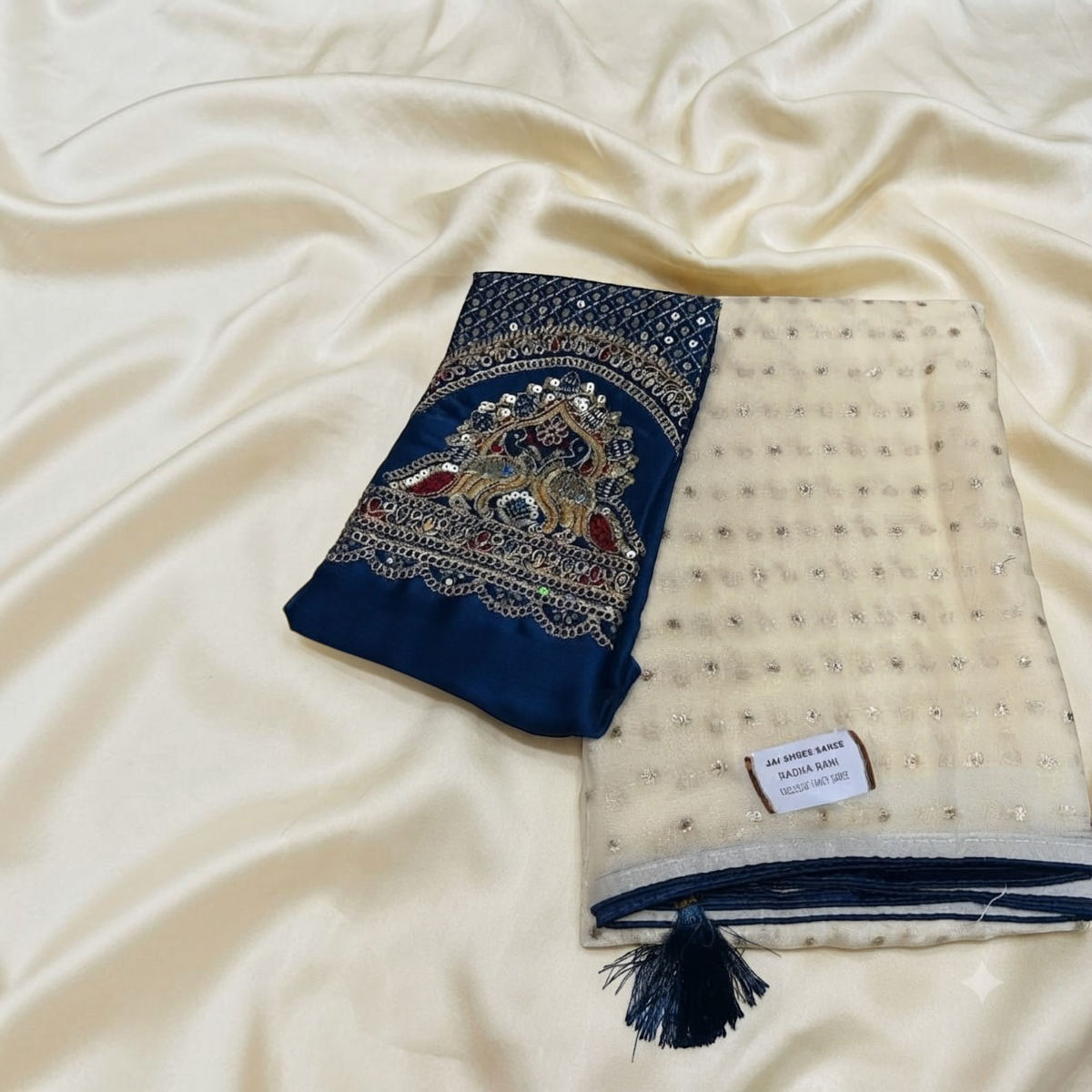 City Center Radha Rani saree in cream with gold accents and a navy blue embroidered blouse piece with peacock motif.