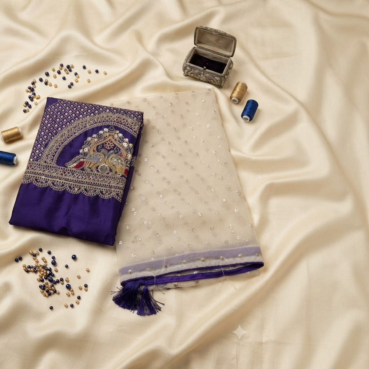 City Center Radha Rani saree featuring a deep purple embroidered blouse piece and a sheer cream sequined drape.