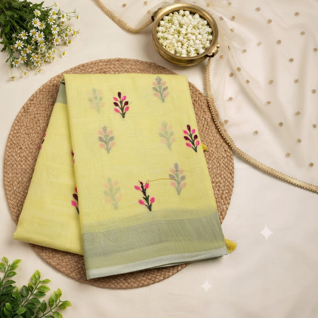 City Center pale yellow linen cotton saree featuring delicate floral butti embroidery and a soft sage green border.