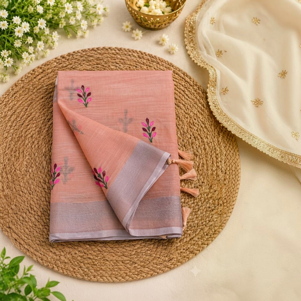 City Center peach linen cotton saree with floral butti embroidery and tassel details on a woven mat