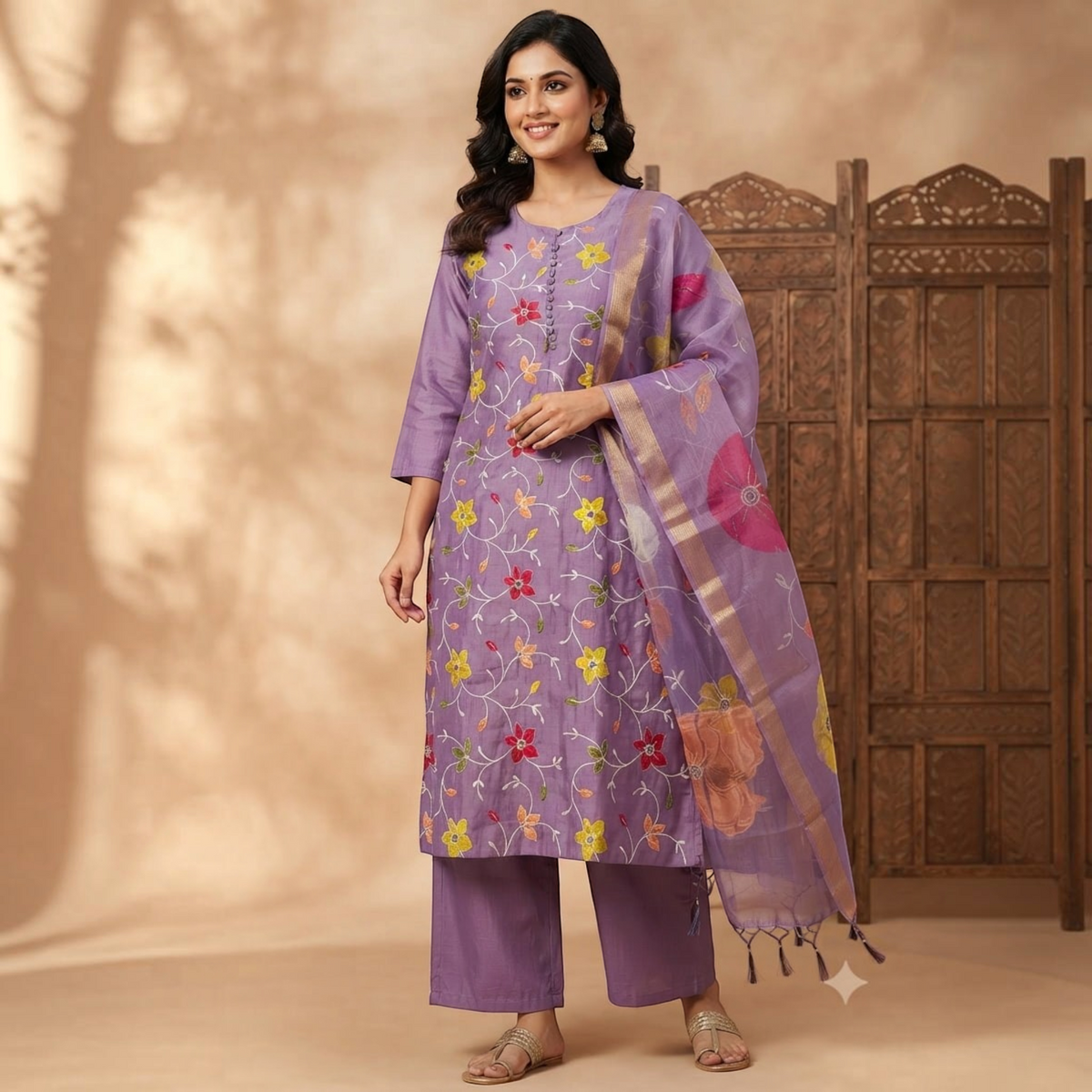 City Center Mayuu Inaya lavender churidar set with floral embroidery and matching sheer dupatta on a model
