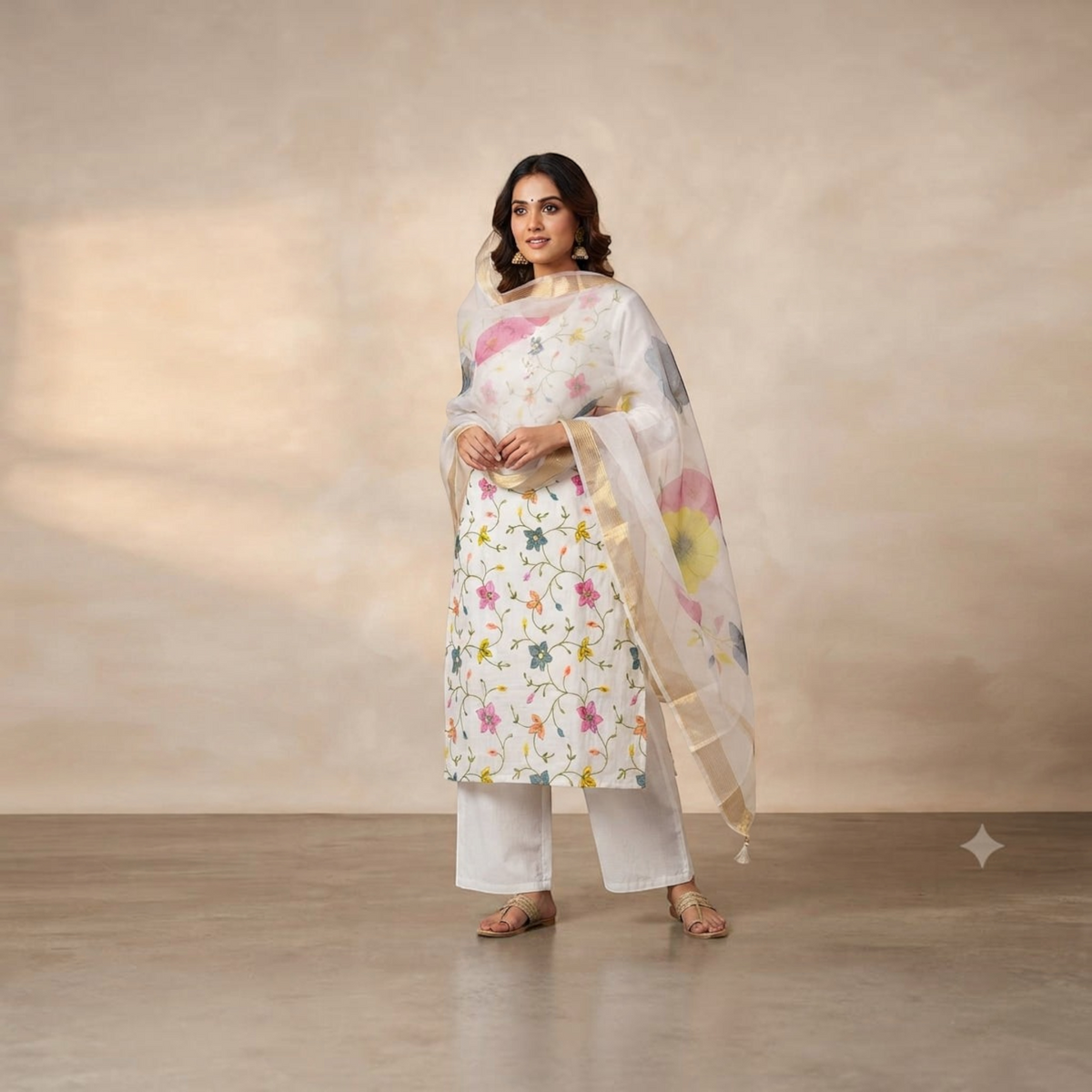 Model wearing a City Center Mayuu Inaya white churidar set with floral embroidery and a sheer printed dupatta.