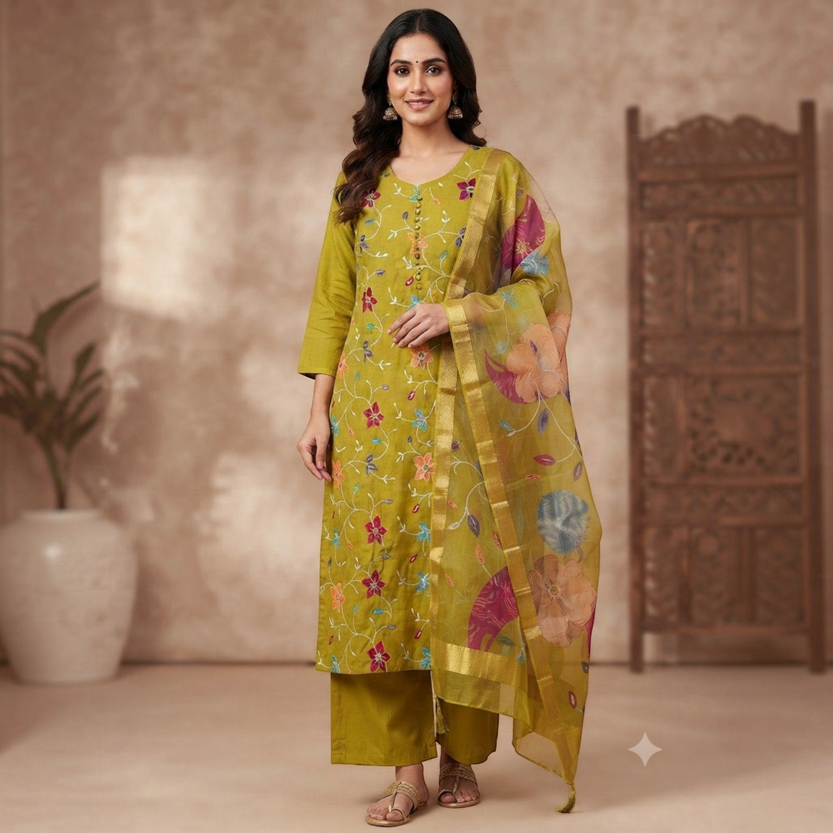 City Center Mayuu Inaya olive green churidar set with floral embroidery and a sheer organza dupatta