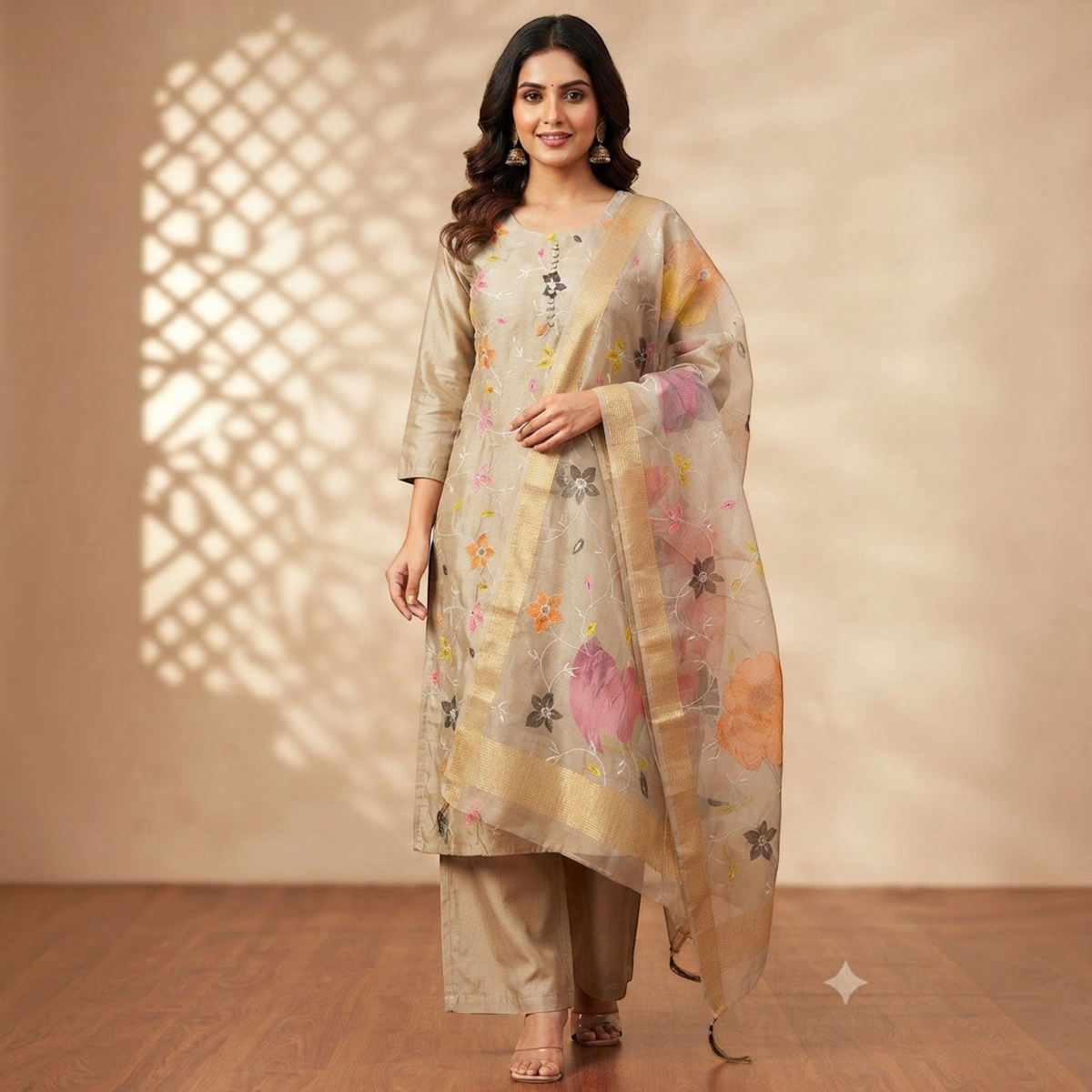 City Center Mayuu Inaya beige churidar set with floral embroidery and sheer dupatta worn by a smiling model