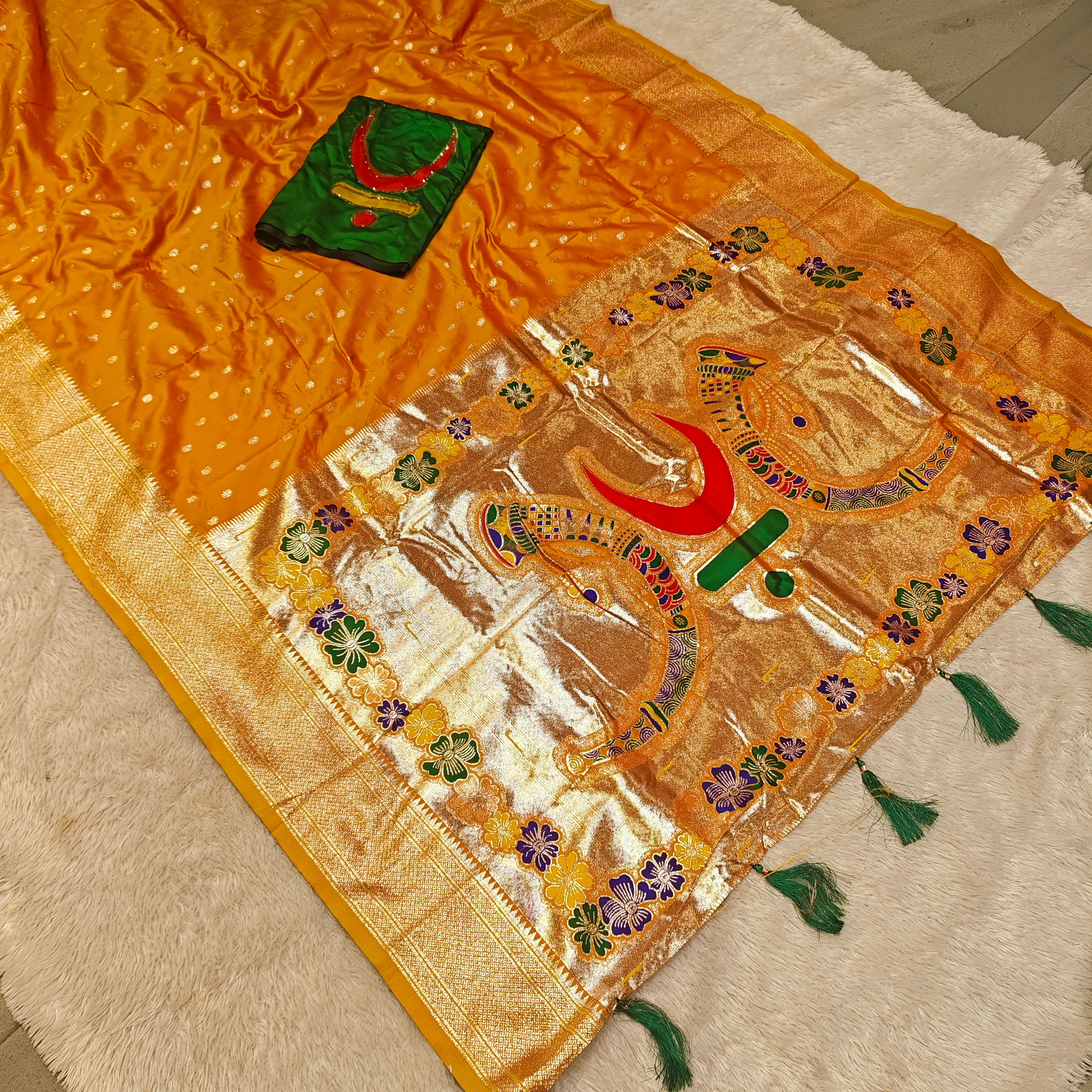 Rajmata Paithani Saree | Vibrant Mango With Forest Green Blouse