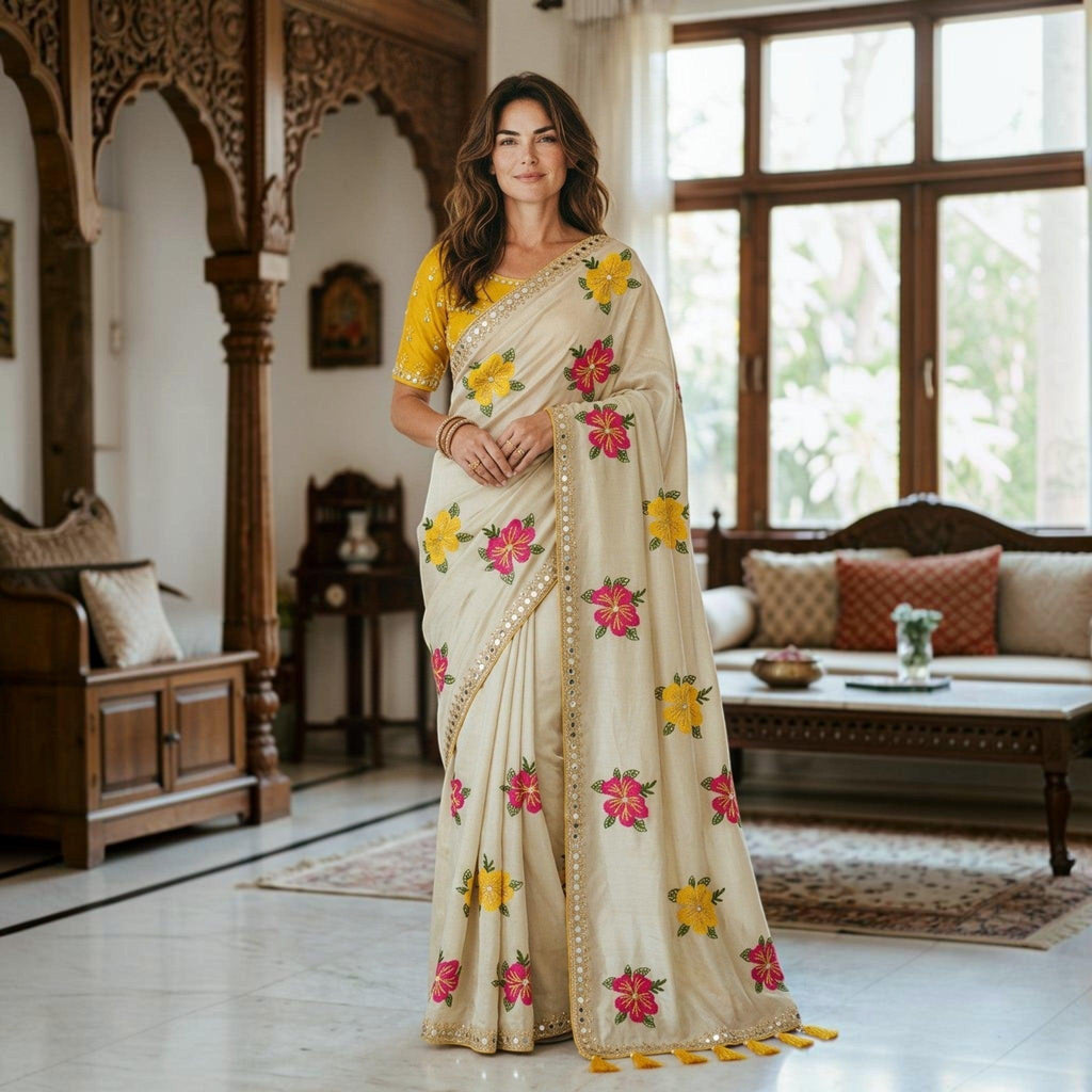 City Center floral shimmer saree in cream with pink and yellow flowers, paired with a yellow designer blouse.